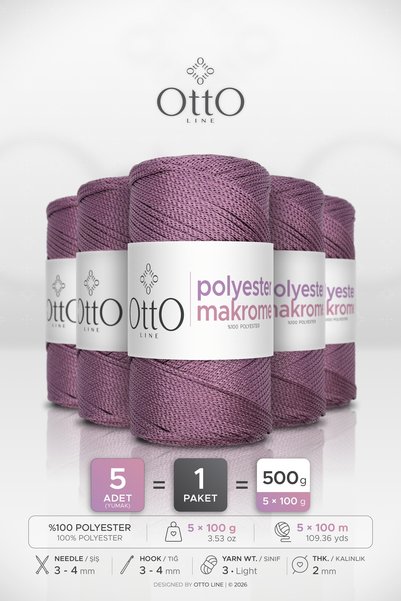 OTTO LINE Polyester Makrome • Light Plum • 5-Pack × 100 Gr / 100 m • 2 mm • S...