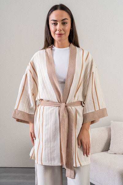 Country House Krem Tarçın Çizgili %100 Pamuk Kimono - Diz Üstü Oversize Plaj ...