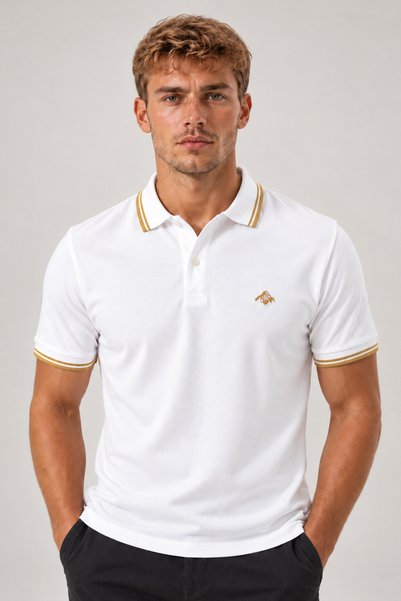 Mesh Men's White Polo Collar T-Shirt 100% Cotton Pique Fabric Regular Fit Mus...
