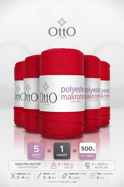 OTTO LINE POLYESTER MAKROME • Kırmızı • 5'li Paket × 100 gr / 100 m • 2 mm • ...