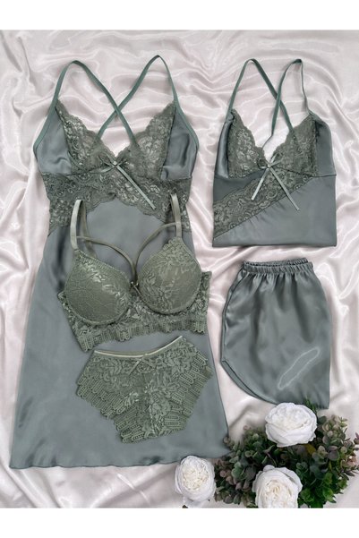 Lena Homewears طقم نوم نسائي من الساتان مكون من 5 قطع مع حمالة صدر وشورت مهر