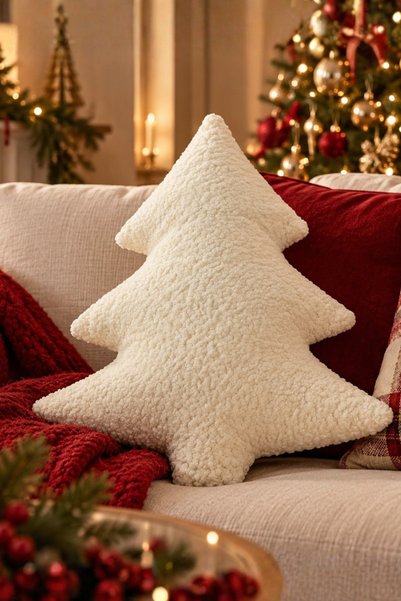 Elegancembroidery Christmas Tree-Shaped Fluffy Plush Pillow, 50 cm – Cream-Co...