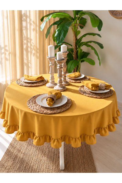 Decamor home Aura Liquid-Proof Mustard Yellow Ruffled Round Tablecloth