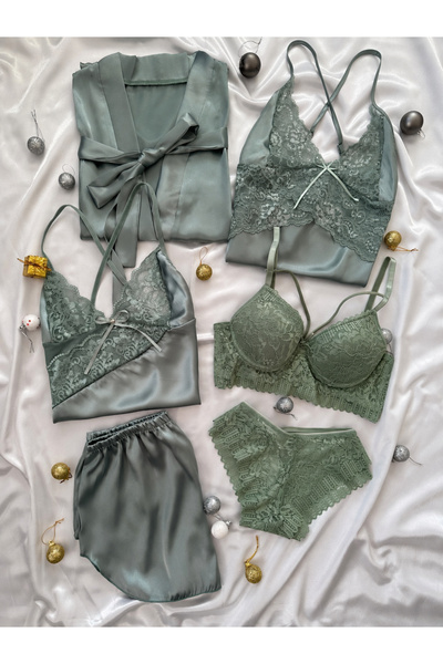 Lena Homewears Kadın Çağla Saten Vanessa Gecelik Sabahlık Çeyiz Seti(Kutulu)