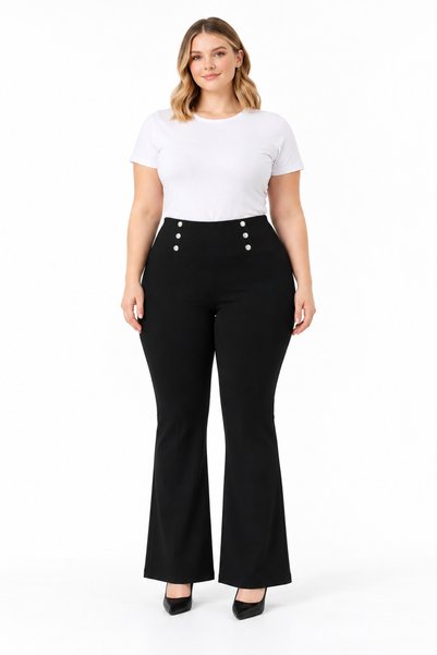 SOSYETE AVM Plus Size Flared Pants Button Detail High Waist Flared Pants
