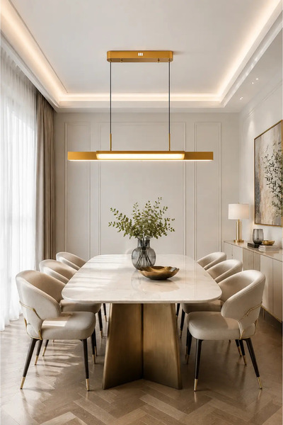 Elvora Home Modern (PREMİUM) LED Sarkıt Avize Gold Kasa Lineer Yemek Masası M...