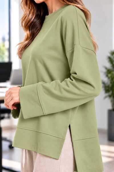 Soul Tunik Bluz Basıc Yanları Yırtmaç Detaylı OLİVE