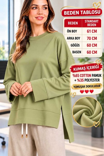 Soul Tunik Bluz Basıc Yanları Yırtmaç Detaylı OLİVE