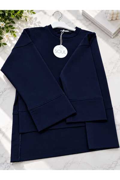Soul Tunik Bluz Basıc Yanları Yırtmaç Detaylı LACİVERT