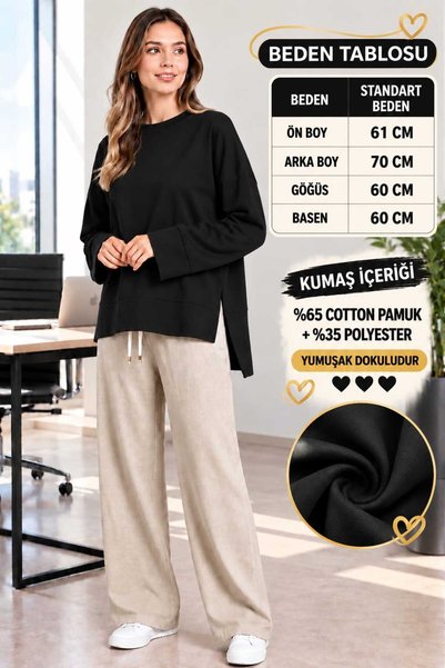 Soul Tunik Bluz Basıc Yanları Yırtmaç Detaylı SİYAH