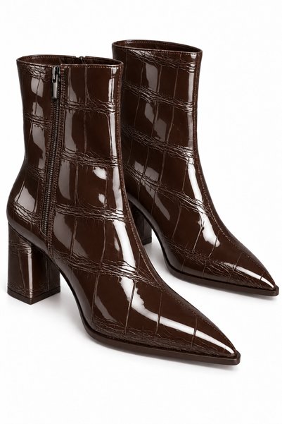 VEİLLETTO Women's Bitter Brown Crocodile Patterned Pointed Toe Zippered Heele...