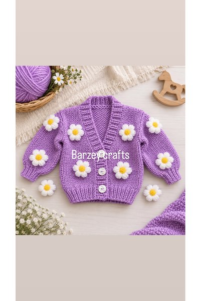 Barzey crafts سترة أطفال مزينة برسومات زهور الأقحوان، تصميم جديد للموسم الحالي.
