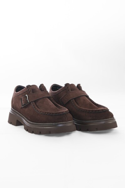 UNDERRATED Women's Brown Suede Buckle Monk Strap Thick Sole Masculine Loafer