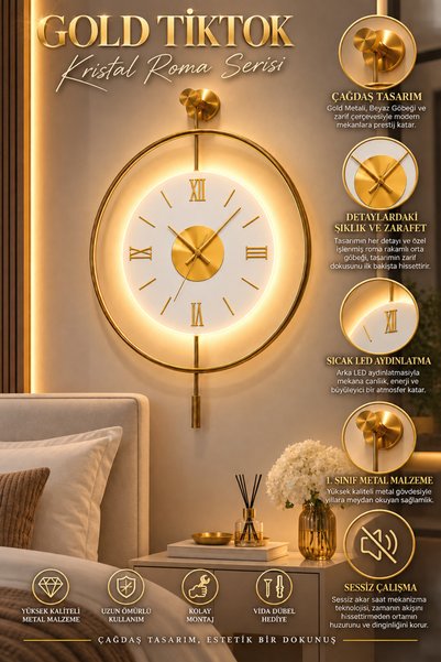 SEVİNÇ KONSEPT Ledli Gold Tiktok Roma Rakamlı Kristal (BÜYÜK BOY 50 X 75 CM) ...