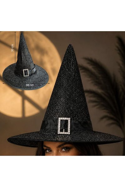 partidolu Halloween Siyah Renk Parıltılı Kumaş Cadı Şapkası Yetişkin Kemerli ...