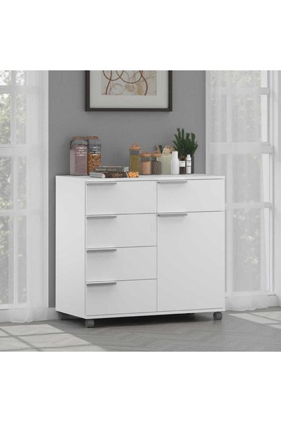 Adore Mobilya Diamond 5 Çekmeceli Tek Kapaklı Dolap-Parlak Lake Beyaz 85x81x4...