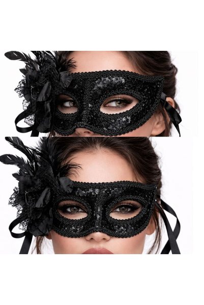 partidolu Halloween Siyah Renk Sırmalı Güllü Tüylü Wedding Maskesi Arkadan Ba...