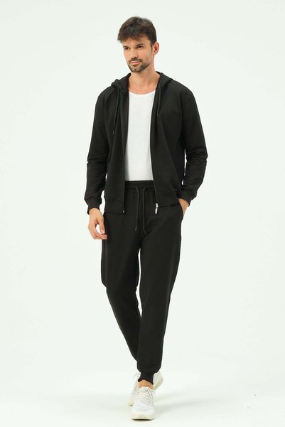 C&City Men's Hooded, Zippered Front and Cuffed Leg Tracksuit 8702 Black