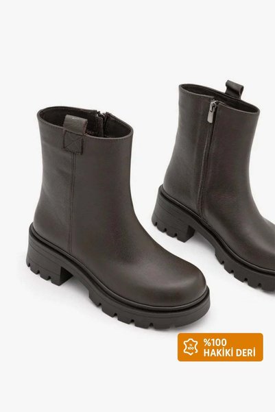 Marjin Γυναικείες μπότες casual από γνήσιο δέρμα Χοντρή οδοντωτή σόλα Fesko καφέ
