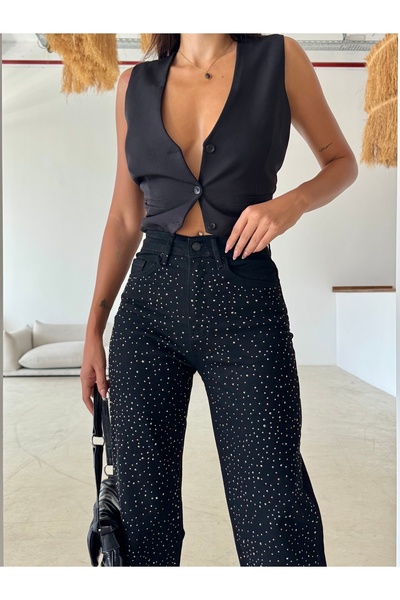 LOS FECHKA Pantaloni damă cu wide leg, detaliu cu pietre, negru