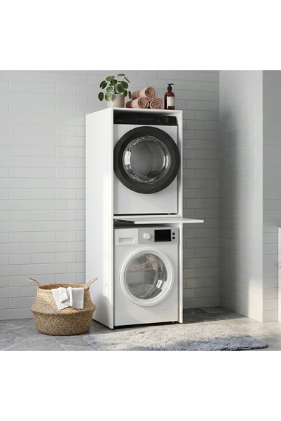 Adore Mobilya Sürgü Tablalı Çamaşır ve Kurutma Makinesi Dolabı - Beyaz 65x182...