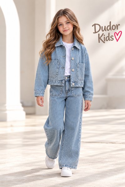 DUDOR KİDS Girls' Collared Stone Blue Denim Pants and Denim Jacket Set - Holi...