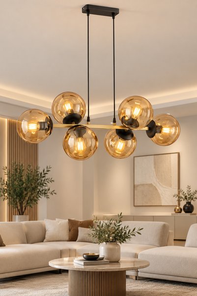 avimonaydınlatma CROSS 6'LI ESKİTME BAL RENGİ GLOB CAMLI MODERN SARKIT AVİZE ...