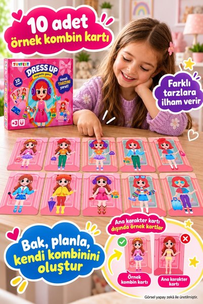 TOYFEST Manyetik 10 Kartlı Kız Giydirme Oyunu Toplam 51 Parça Çift Taraflı Karakter Kombin Yapma Seti