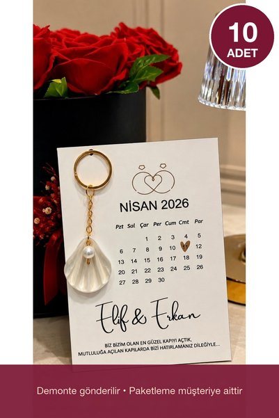 TALIADESIGN Nikah Hatırası 10 Adet Takvimli İstiridye Anahtarlık Kişiye Özel Tarihli | Düğün Söz Nişan Kına Hediyeliği