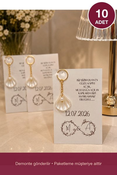 TALIADESIGN Nişan Hediyeliği 10 Adet İstiridye Anahtarlık Monogram Harfli Kart | Söz Düğün Nikah Kına Misafir Hediyesi