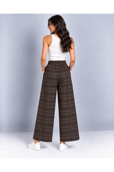 TENA Kadın Kahve 8253 Beli Lastikli Gabardin Ekoseli Pantolon