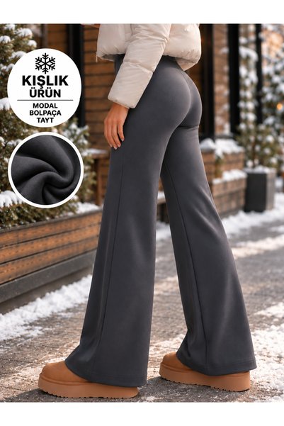 Fioria Kadın Füme Kışlık İçi Polarlı Önü Nervürlü Geniş Kalıp Bol Paça Modal ...