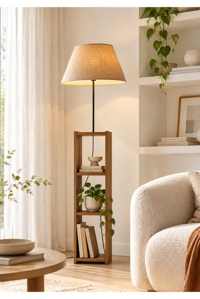 HOMİNG Dekoratif Raflı Lambader Kumaş Konik Başlık AYD-1769