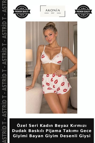 Generic Brand Special Edition Women's White and Red Lip-Printed Pajama Set, N...