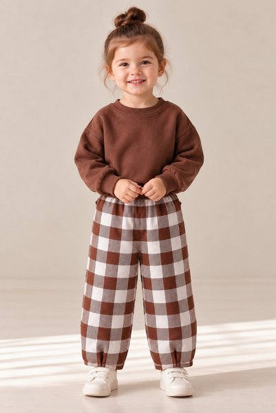 BAHNUR Girls' Brown and White Gingham, Three-Thread, Balloon-Cut Pants with E...