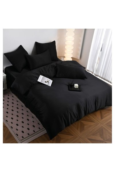 OEM Double Bed Linen, 6 Pieces, Synthetic Silk, 230x240cm, Plain, Black