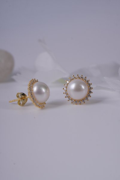 Aksesuaring 7mm Okyanus İncisi & Zirkon Taşlı Gümüş Küpe