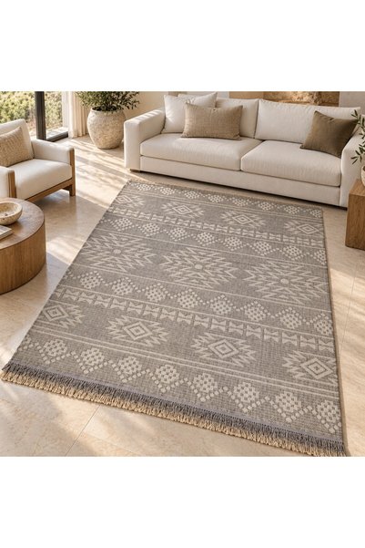Al Qamar Al Mudi Maya Rug Gray and Cream Rows of Bohemian Motifs M15