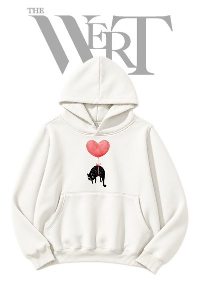 THEWERT White Hooded Sweatshirt with Pre-Printed Cat Balloon Design (2-Ply)