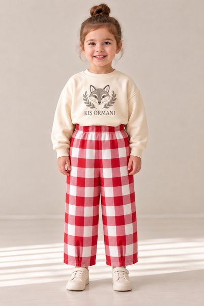 BAHNUR Girls' Red and White Gingham 3-Ply Balloon-Cut Pants with Elastic Wais...