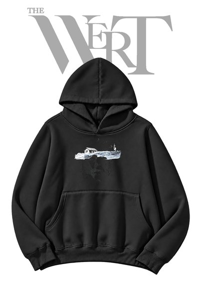 THEWERT Adam Su Alti Ön Baskılı Siyah Kapüşonlu Sweatshirt (2 İplik)