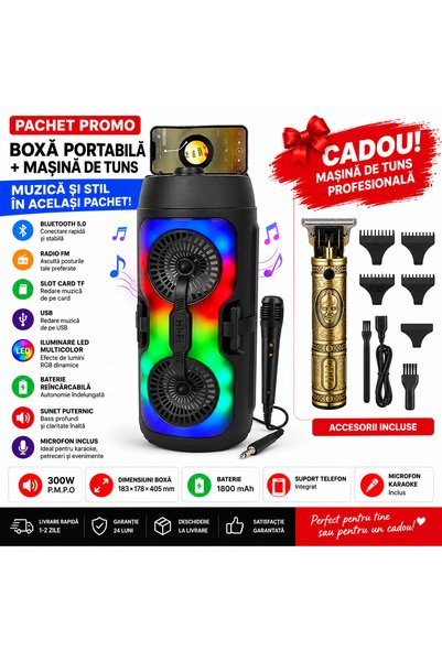 CUMPERIUSOR Portable speaker 100W PMPO with microphone and RGB LED + gift hai...