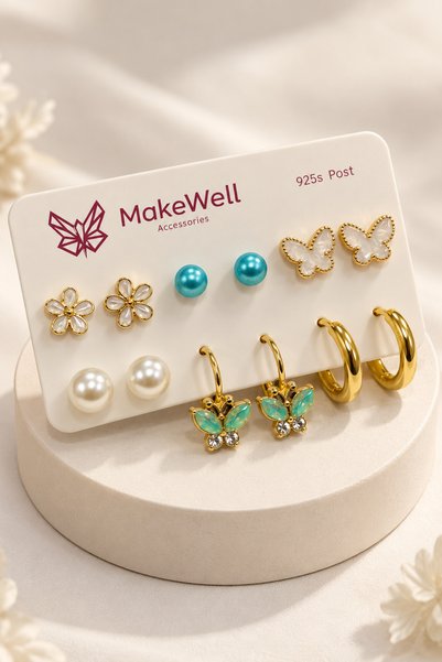 MakeWell 6 Çift Küpe Seti 925 Ayar Gümüş İğneli Figürlü Küpeler ve Çelik Halk...