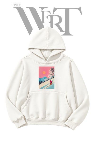 THEWERT Ski Alpine Sunset Pre-Printed White Hooded Sweatshirt (2-Ply)