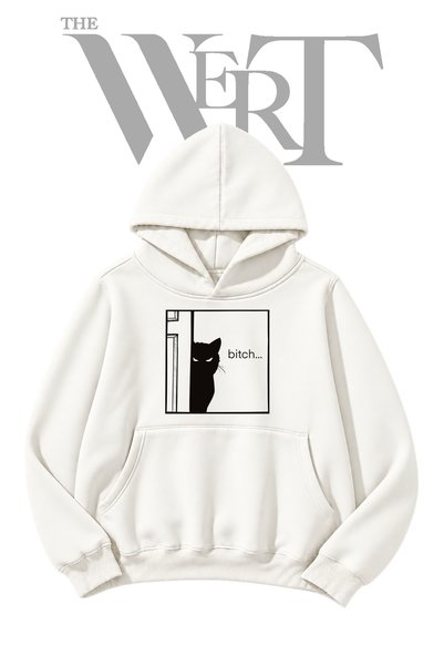 THEWERT Angry Black Cat White Hooded Sweatshirt with Front Print (2-Ply)