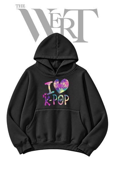THEWERT سويت شيرت أسود بغطاء للرأس مطبوع عليه شعار "I Love K Pop" (خيطان).