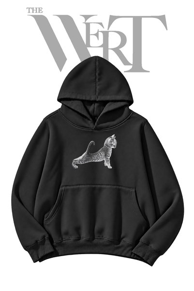 THEWERT Kedi Yavrusu Ön Baskılı Siyah Kapüşonlu Sweatshirt (2 İplik)