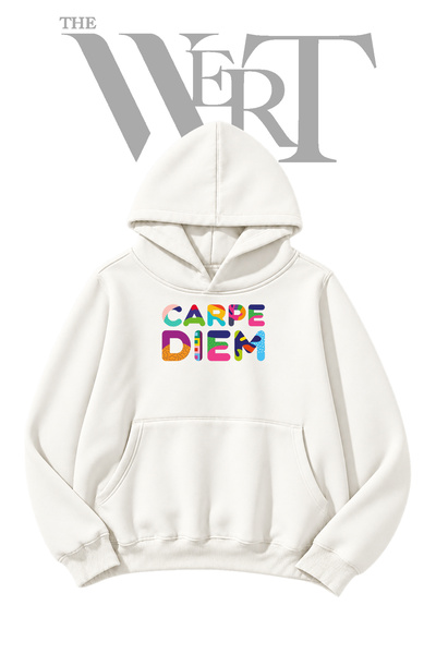 THEWERT Carpe Diem Typography Pre-Printed White Hooded Sweatshirt (2-Ply)