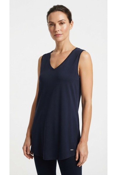 Neden Tekstil بلوزة طويلة نسائية، بياقة على شكل حرف V، بدون أكمام، باللون الك...