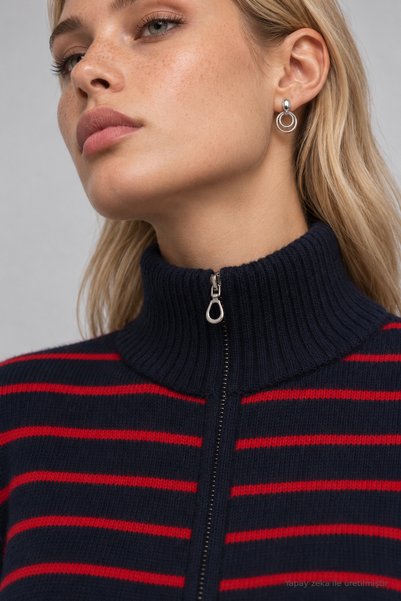 Lovelyİstanbul Striped Knit Cardigan with Zipper LYY0158 NAVY RED